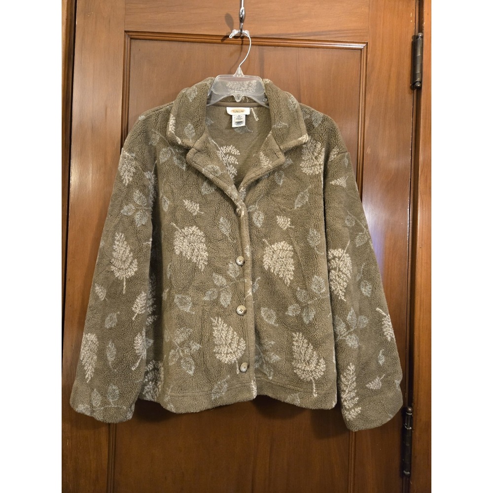 Vintage Talbots Fall Leaf Print Button Front Fleece Jacket Cottagecore Size XL